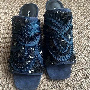 Donald J. Pliner “Wynn” Navy and Black Sequin Ribbon Slide Mules